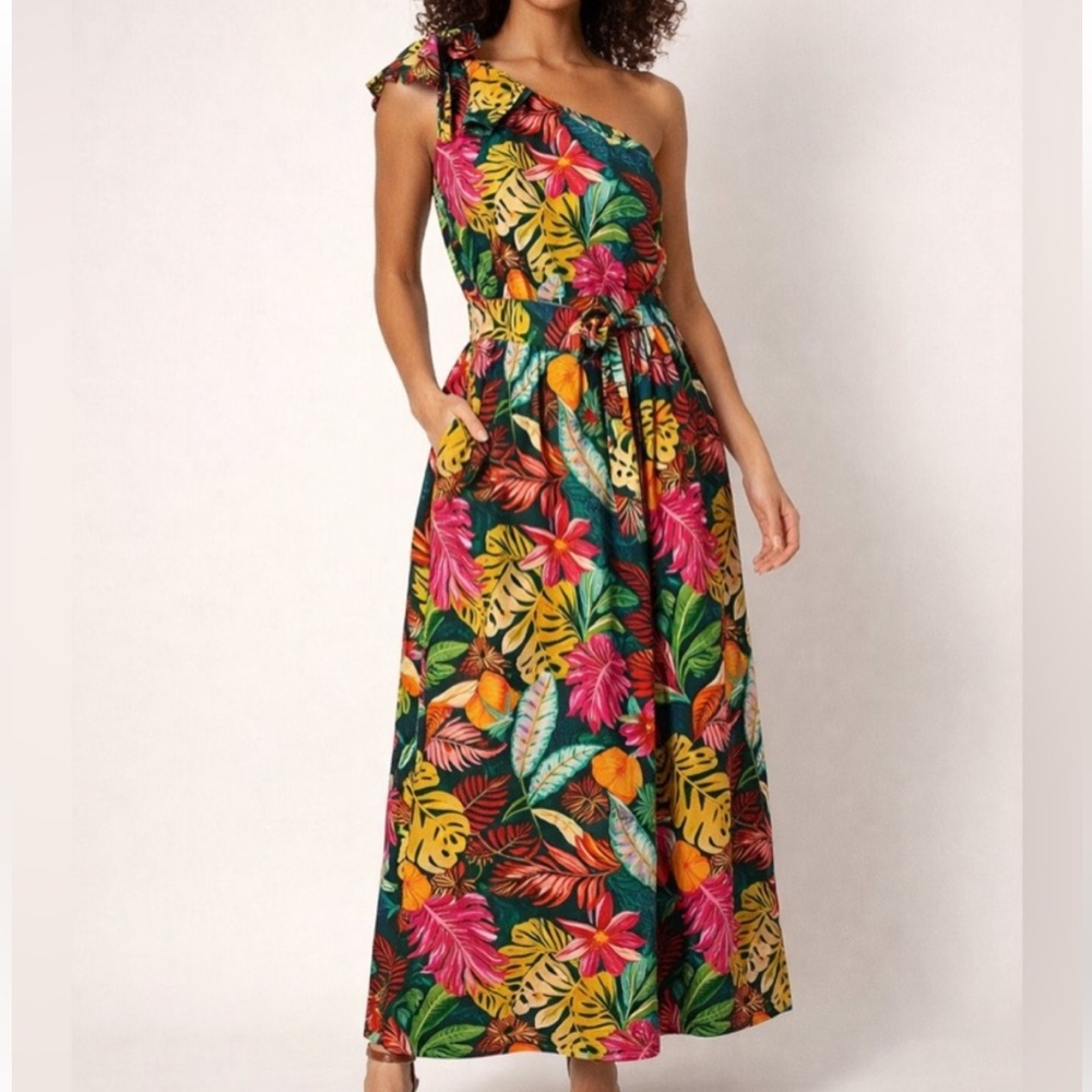 Gibson Latimer One-Shoulder Tropical Print Maxi Dress — Green, Pink, Yellow